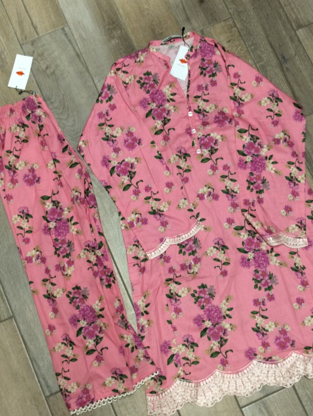 Khaadi Floral Pink Coord Set with Lace Trim
